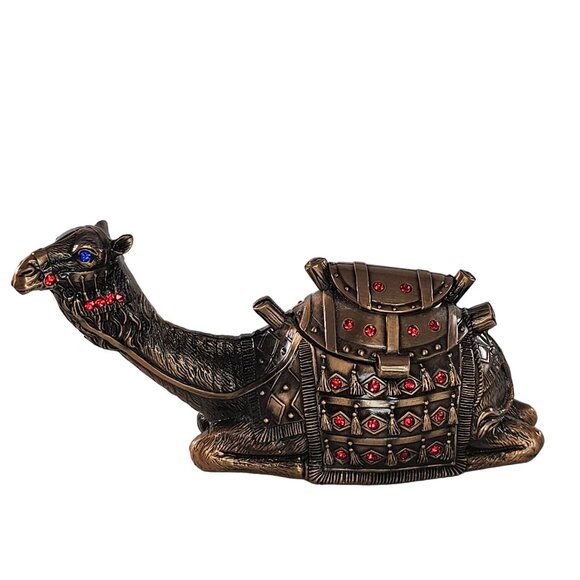 Ornate Metal Camel Trinket Box Red Blue Rhinestones Hinged Lid Blue Copper Color - Picture 1 of 8
